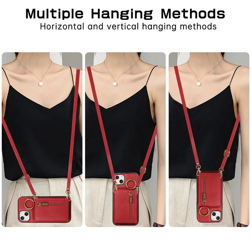 For iPhone 15 Leather Back Cover Zipper Wallet Kickstand Phone Case with Shoulder Strap - Red