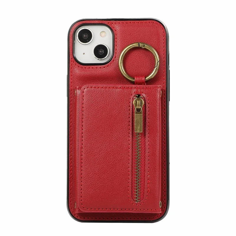 For iPhone 15 Leather Back Cover Zipper Wallet Kickstand Phone Case with Shoulder Strap - Red