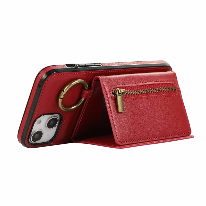 For iPhone 15 Leather Back Cover Zipper Wallet Kickstand Phone Case with Shoulder Strap - Red