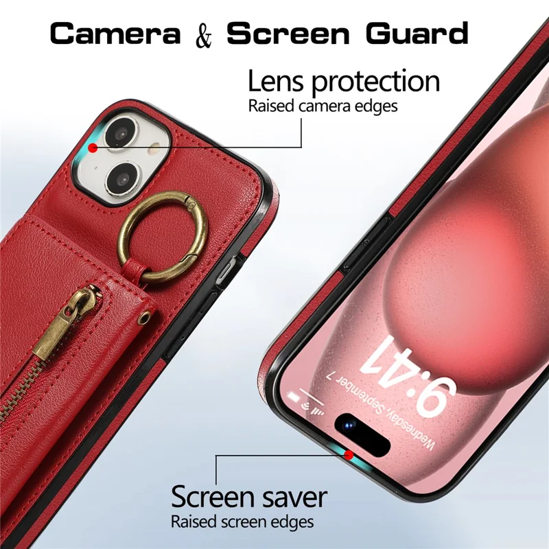 For iPhone 15 Leather Back Cover Zipper Wallet Kickstand Phone Case with Shoulder Strap - Red