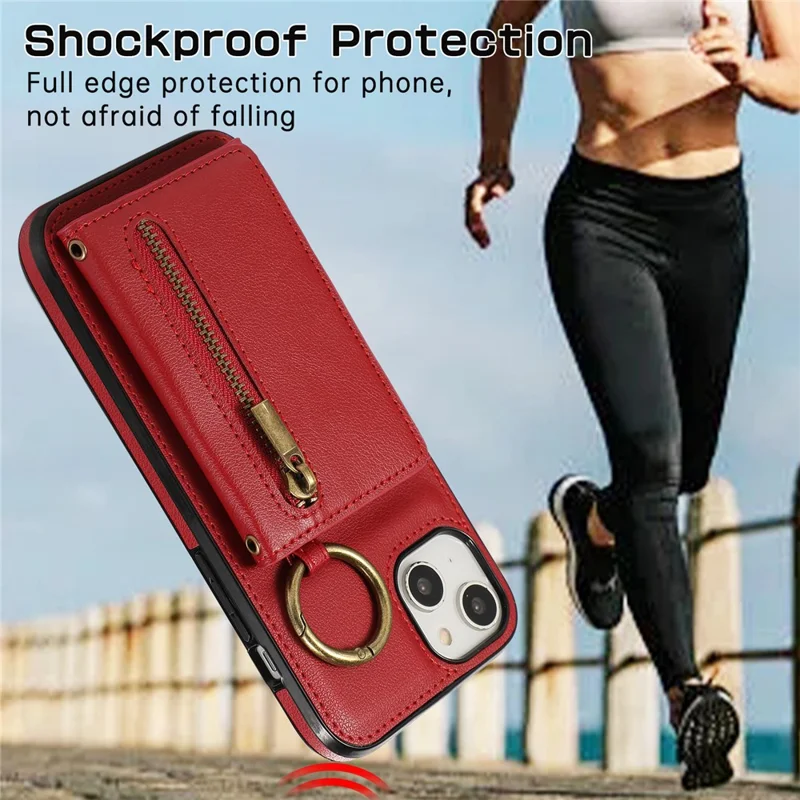 For iPhone 15 Leather Back Cover Zipper Wallet Kickstand Phone Case with Shoulder Strap - Red