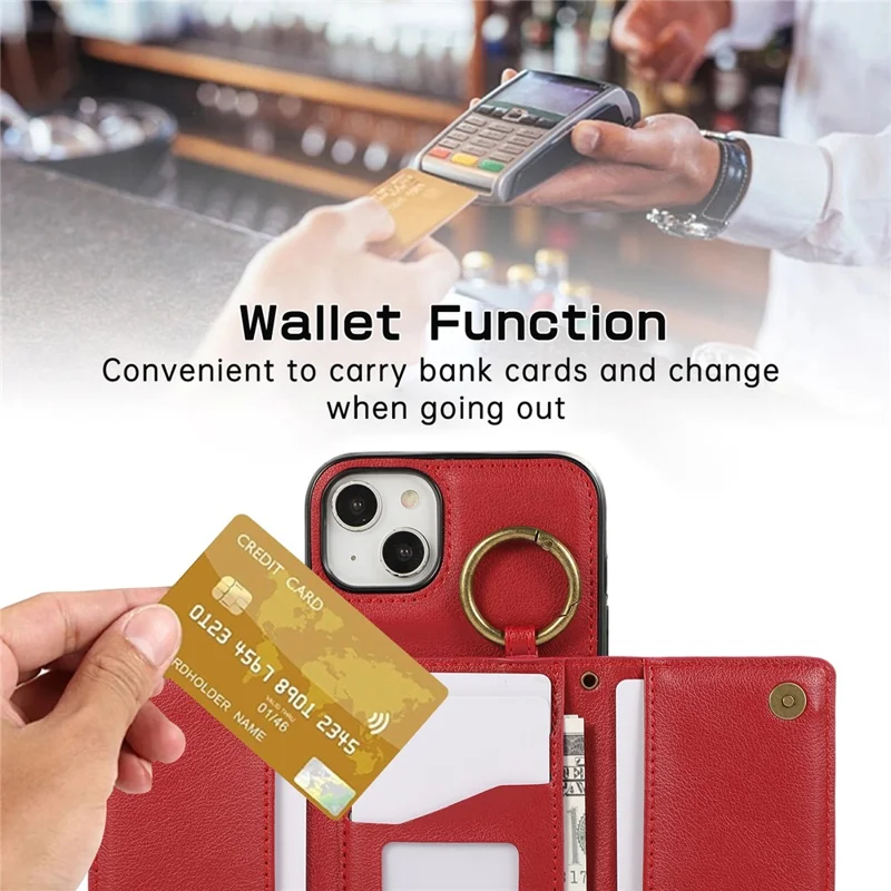 For iPhone 15 Leather Back Cover Zipper Wallet Kickstand Phone Case with Shoulder Strap - Red