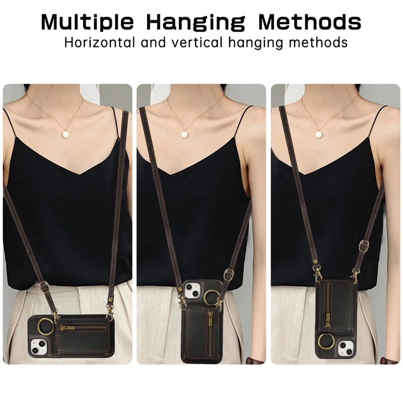 For iPhone 14  /  13 Leather Back Cover Zipper Wallet Kickstand Phone Case with Shoulder Strap - Black