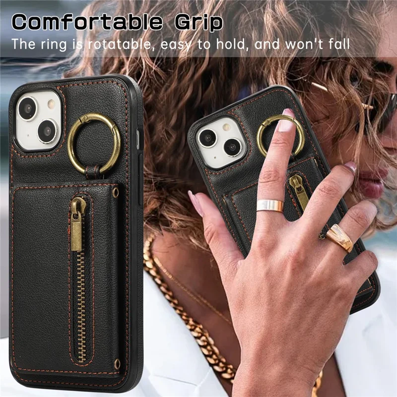 For iPhone 14  /  13 Leather Back Cover Zipper Wallet Kickstand Phone Case with Shoulder Strap - Black