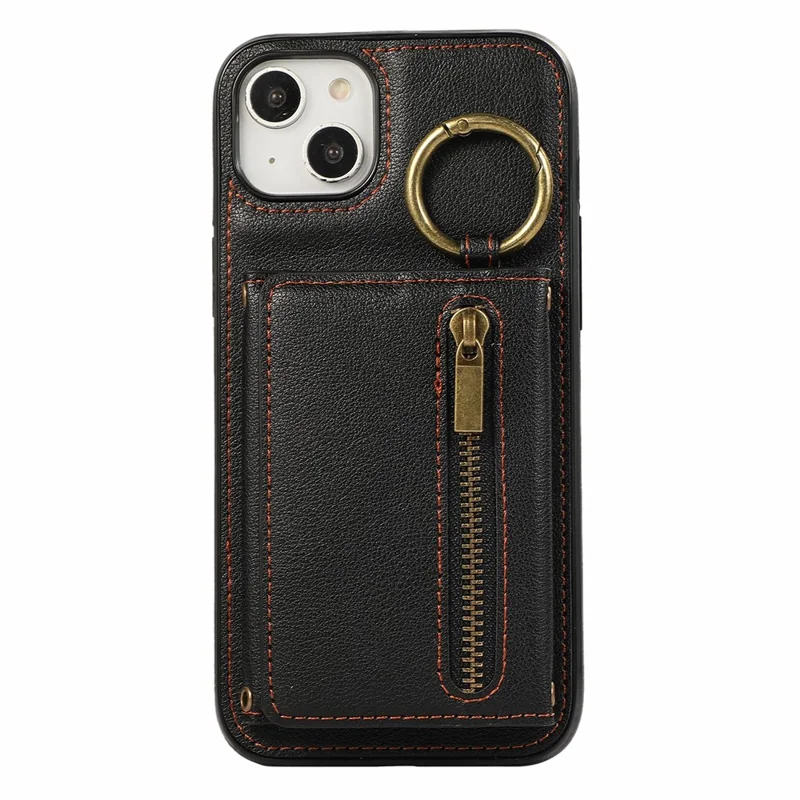 For iPhone 14  /  13 Leather Back Cover Zipper Wallet Kickstand Phone Case with Shoulder Strap - Black