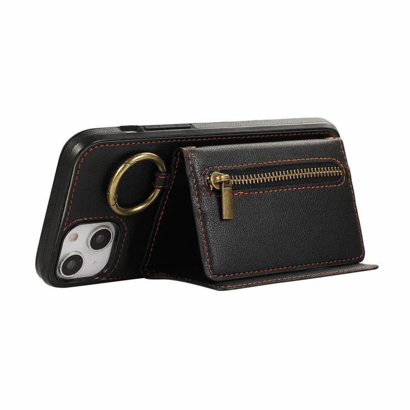 For iPhone 14  /  13 Leather Back Cover Zipper Wallet Kickstand Phone Case with Shoulder Strap - Black