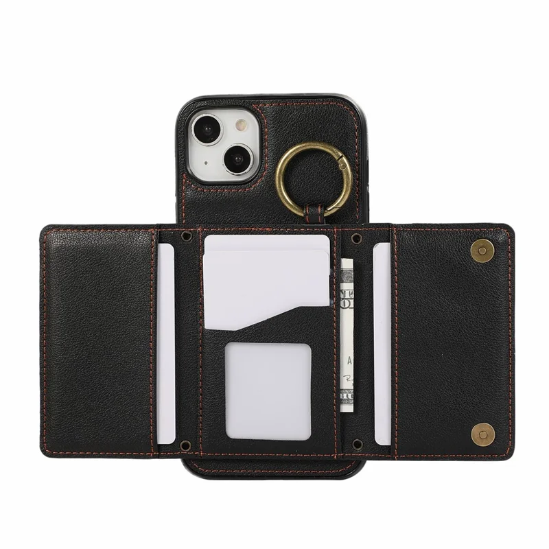 For iPhone 14  /  13 Leather Back Cover Zipper Wallet Kickstand Phone Case with Shoulder Strap - Black