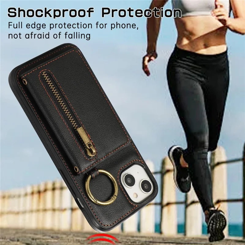 For iPhone 14  /  13 Leather Back Cover Zipper Wallet Kickstand Phone Case with Shoulder Strap - Black