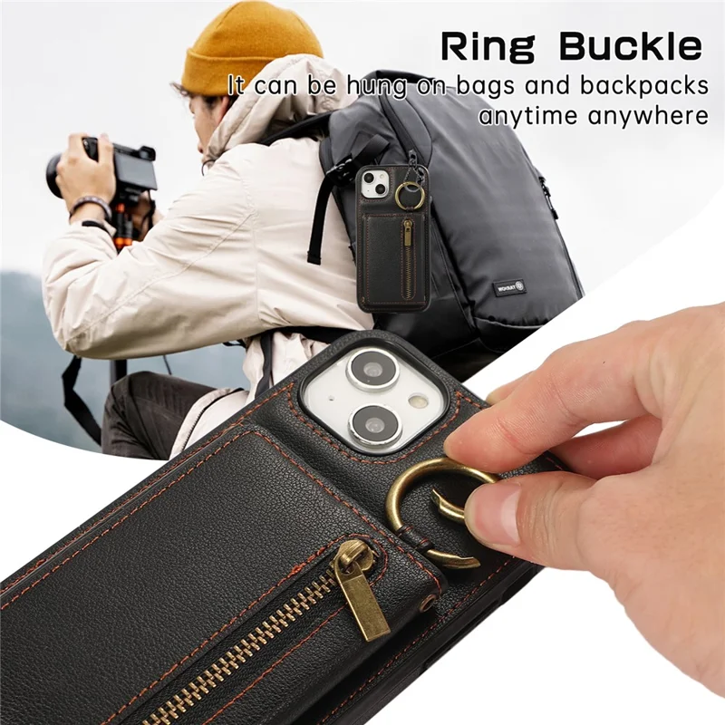 For iPhone 14  /  13 Leather Back Cover Zipper Wallet Kickstand Phone Case with Shoulder Strap - Black