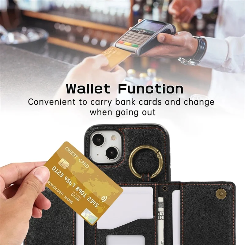 For iPhone 14  /  13 Leather Back Cover Zipper Wallet Kickstand Phone Case with Shoulder Strap - Black