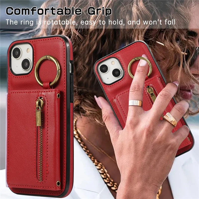 For iPhone 14  /  13 Leather Back Cover Zipper Wallet Kickstand Phone Case with Shoulder Strap - Red