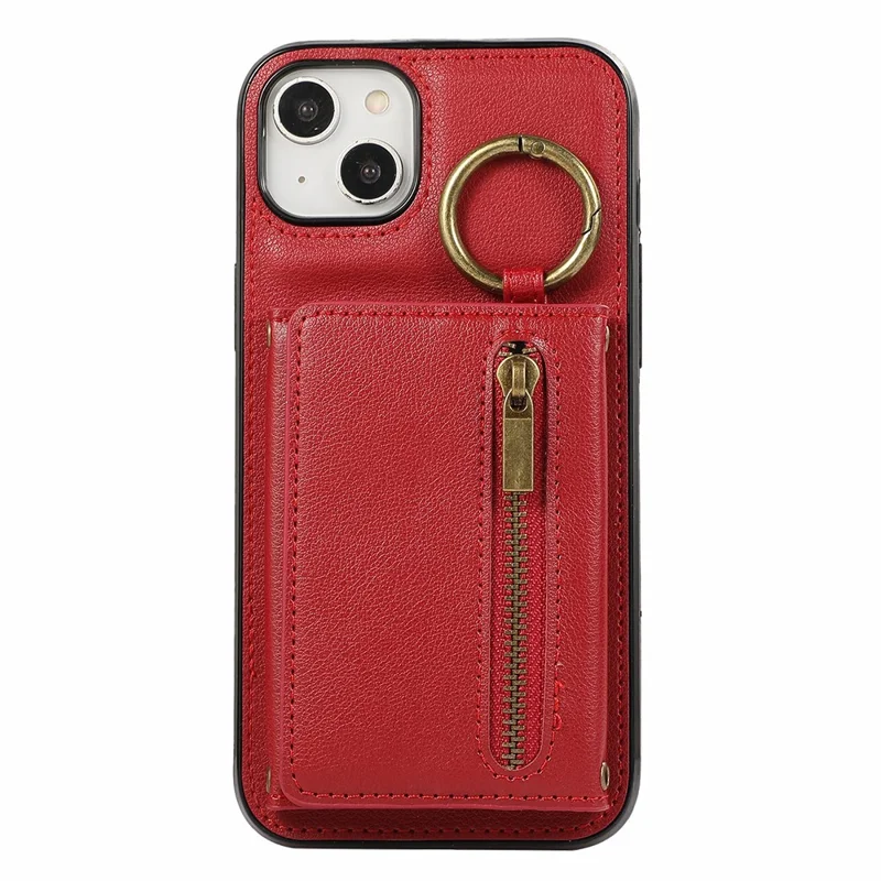 For iPhone 14  /  13 Leather Back Cover Zipper Wallet Kickstand Phone Case with Shoulder Strap - Red