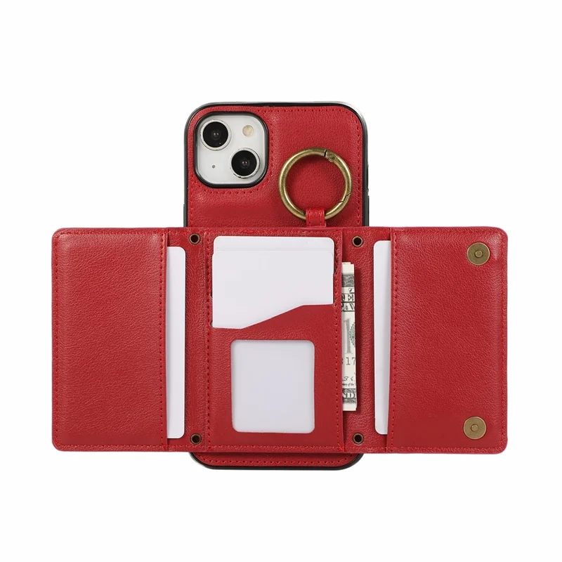 For iPhone 14  /  13 Leather Back Cover Zipper Wallet Kickstand Phone Case with Shoulder Strap - Red