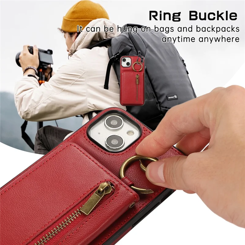 For iPhone 14  /  13 Leather Back Cover Zipper Wallet Kickstand Phone Case with Shoulder Strap - Red