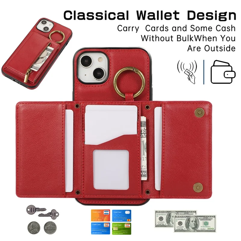 For iPhone 14  /  13 Leather Back Cover Zipper Wallet Kickstand Phone Case with Shoulder Strap - Red