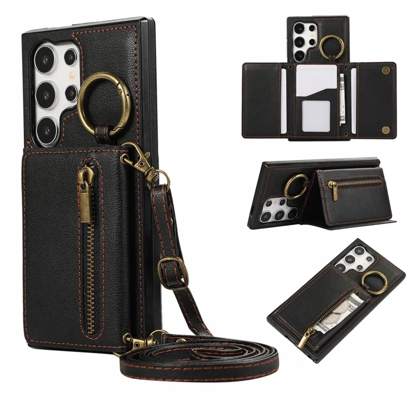 For Samsung Galaxy S25 Ultra Leather Back Cover Zipper Wallet Kickstand Phone Case with Shoulder Strap - Black