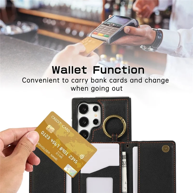 For Samsung Galaxy S25 Ultra Leather Back Cover Zipper Wallet Kickstand Phone Case with Shoulder Strap - Black