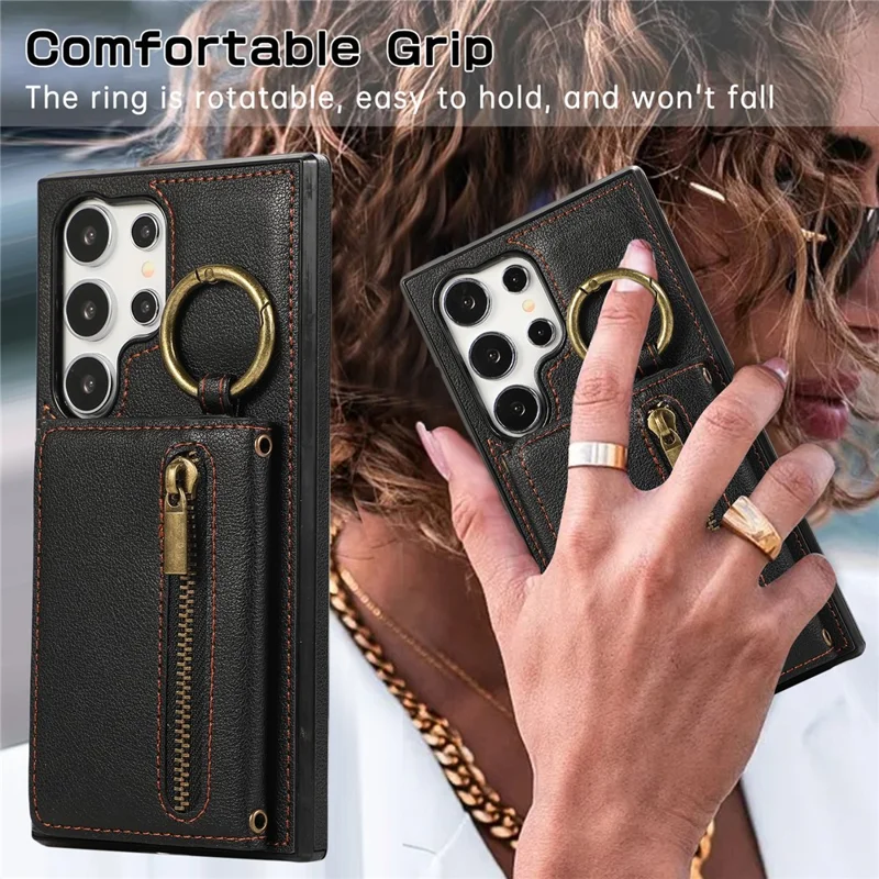 For Samsung Galaxy S25 Ultra Leather Back Cover Zipper Wallet Kickstand Phone Case with Shoulder Strap - Black
