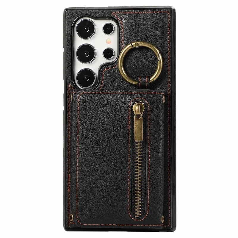 For Samsung Galaxy S25 Ultra Leather Back Cover Zipper Wallet Kickstand Phone Case with Shoulder Strap - Black