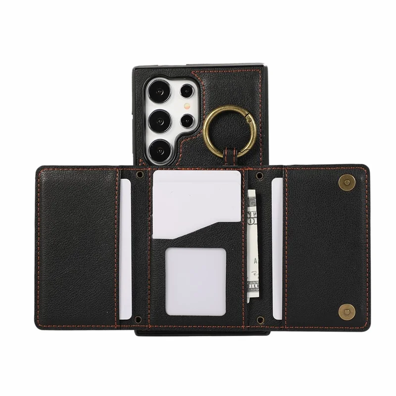 For Samsung Galaxy S25 Ultra Leather Back Cover Zipper Wallet Kickstand Phone Case with Shoulder Strap - Black