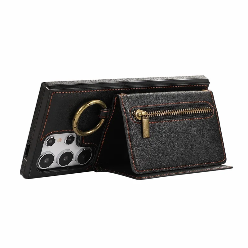 For Samsung Galaxy S25 Ultra Leather Back Cover Zipper Wallet Kickstand Phone Case with Shoulder Strap - Black