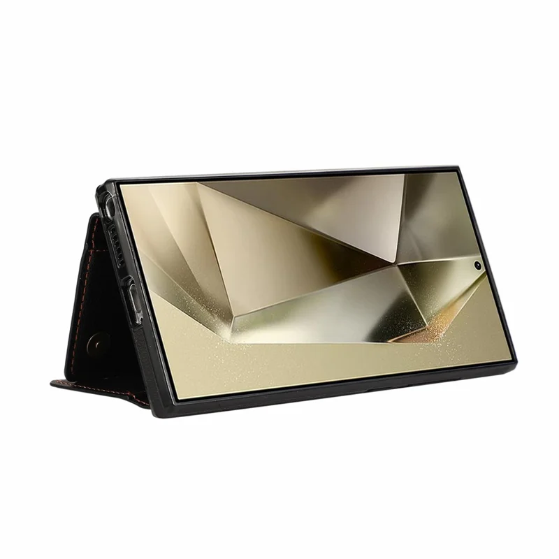 For Samsung Galaxy S25 Ultra Leather Back Cover Zipper Wallet Kickstand Phone Case with Shoulder Strap - Black