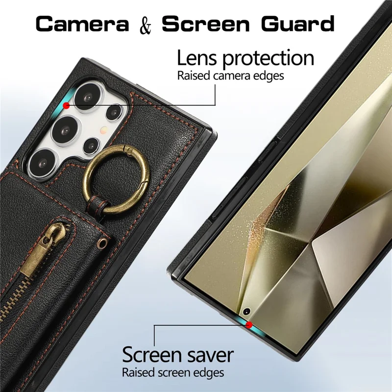 For Samsung Galaxy S25 Ultra Leather Back Cover Zipper Wallet Kickstand Phone Case with Shoulder Strap - Black