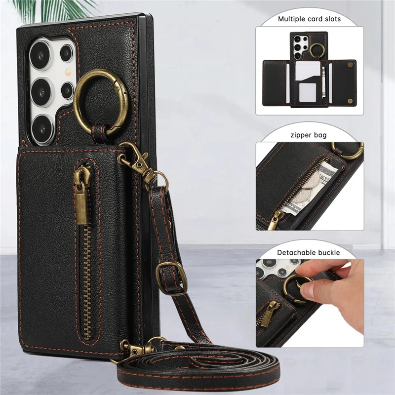 For Samsung Galaxy S25 Ultra Leather Back Cover Zipper Wallet Kickstand Phone Case with Shoulder Strap - Black