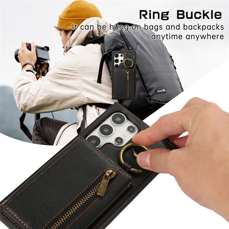 For Samsung Galaxy S25 Ultra Leather Back Cover Zipper Wallet Kickstand Phone Case with Shoulder Strap - Black