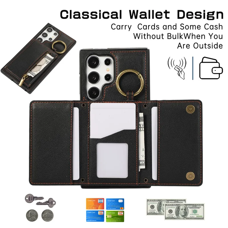 For Samsung Galaxy S25 Ultra Leather Back Cover Zipper Wallet Kickstand Phone Case with Shoulder Strap - Black