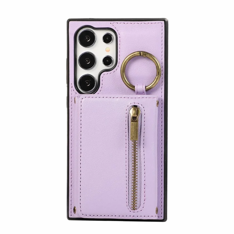 For Samsung Galaxy S24 Ultra Leather Back Cover Zipper Wallet Kickstand Phone Case with Shoulder Strap - Purple