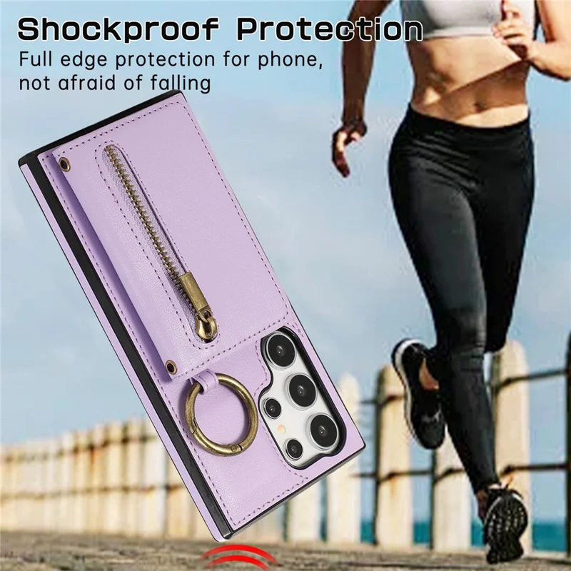 For Samsung Galaxy S24 Ultra Leather Back Cover Zipper Wallet Kickstand Phone Case with Shoulder Strap - Purple