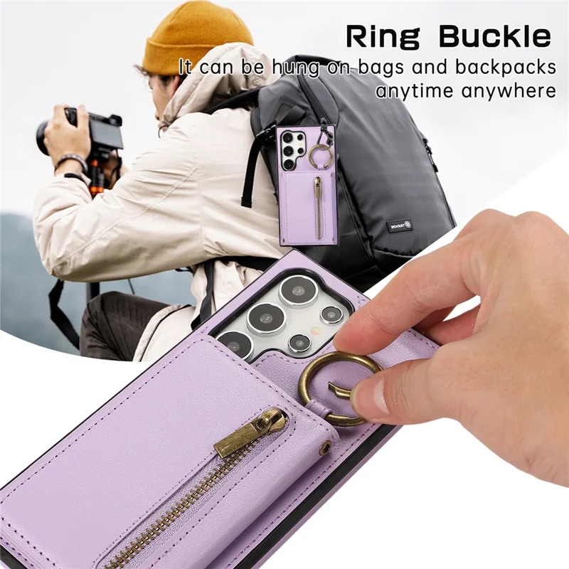 For Samsung Galaxy S24 Ultra Leather Back Cover Zipper Wallet Kickstand Phone Case with Shoulder Strap - Purple