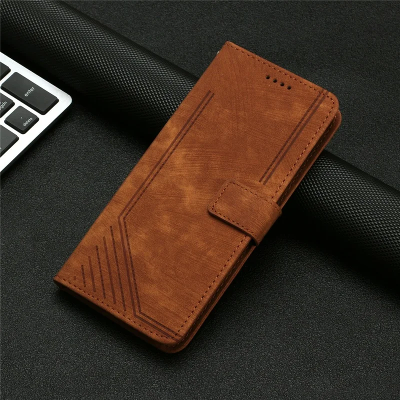 Stand Case for Sony Xperia 1 VII Imprinted Lines Leather Phone Cover - Brown