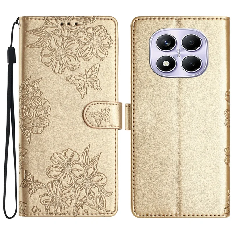 Capa para Xiaomi Redmi Note 14 Pro 4G Borboleta Floral à Prova de Queda em Couro PU Carteira para Celular - Dourada