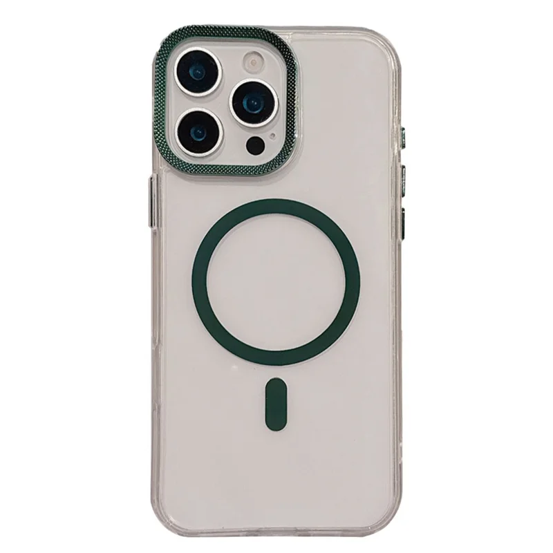 For iPhone 16 Pro Max Case Compatible with MagSafe PC + TPU Clear Phone Cover with Diamond Texture Lens Frame - Midnight Green