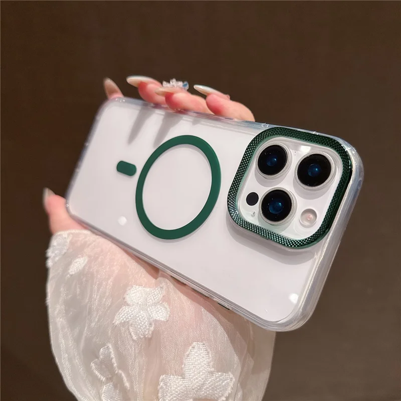 For iPhone 16 Pro Max Case Compatible with MagSafe PC + TPU Clear Phone Cover with Diamond Texture Lens Frame - Midnight Green