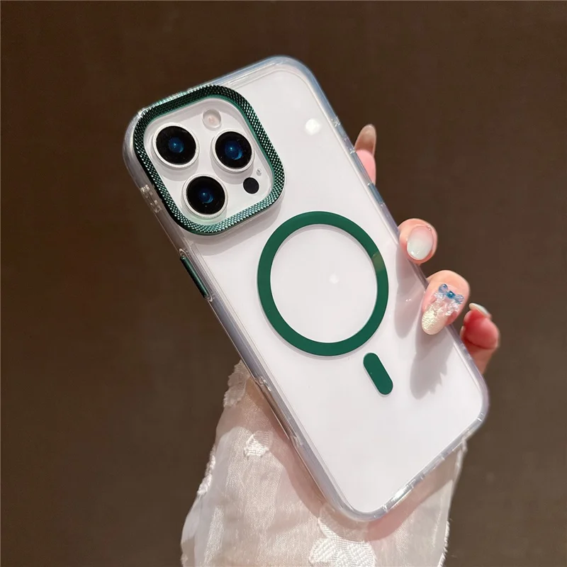 For iPhone 16 Pro Max Case Compatible with MagSafe PC + TPU Clear Phone Cover with Diamond Texture Lens Frame - Midnight Green