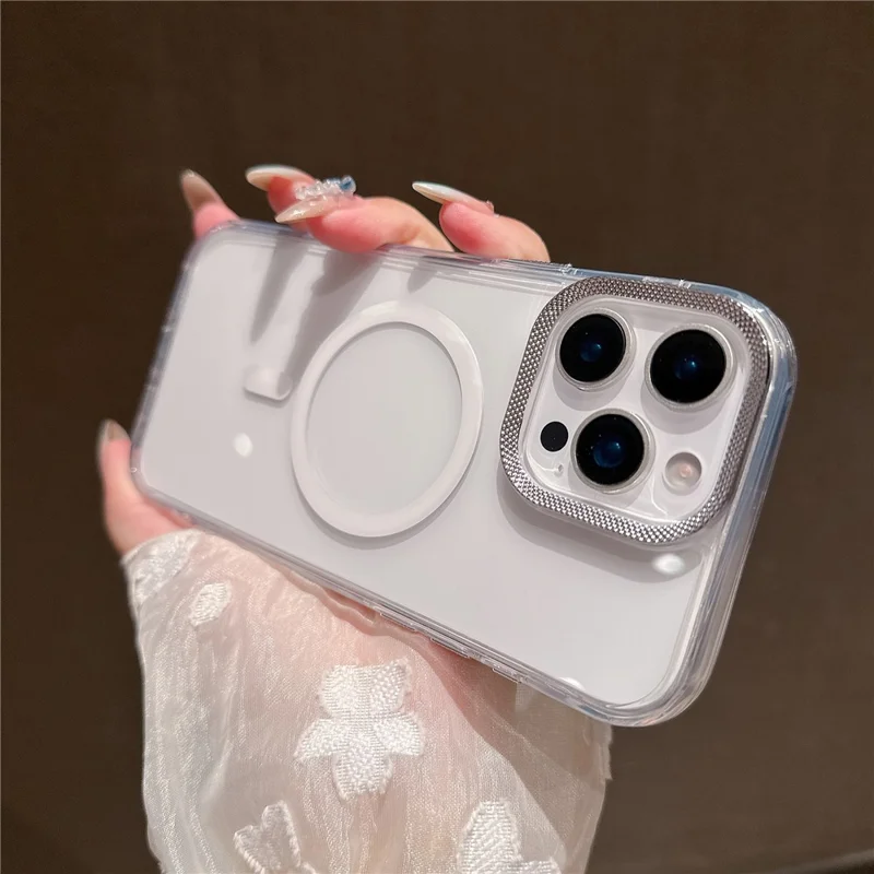 For iPhone 16 Pro Max Case Compatible with MagSafe PC + TPU Clear Phone Cover with Diamond Texture Lens Frame - White
