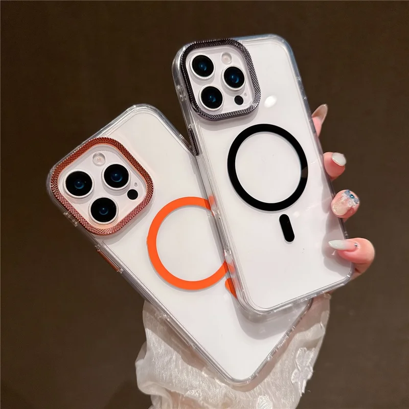 For iPhone 16 Pro Max Case Compatible with MagSafe PC + TPU Clear Phone Cover with Diamond Texture Lens Frame - White