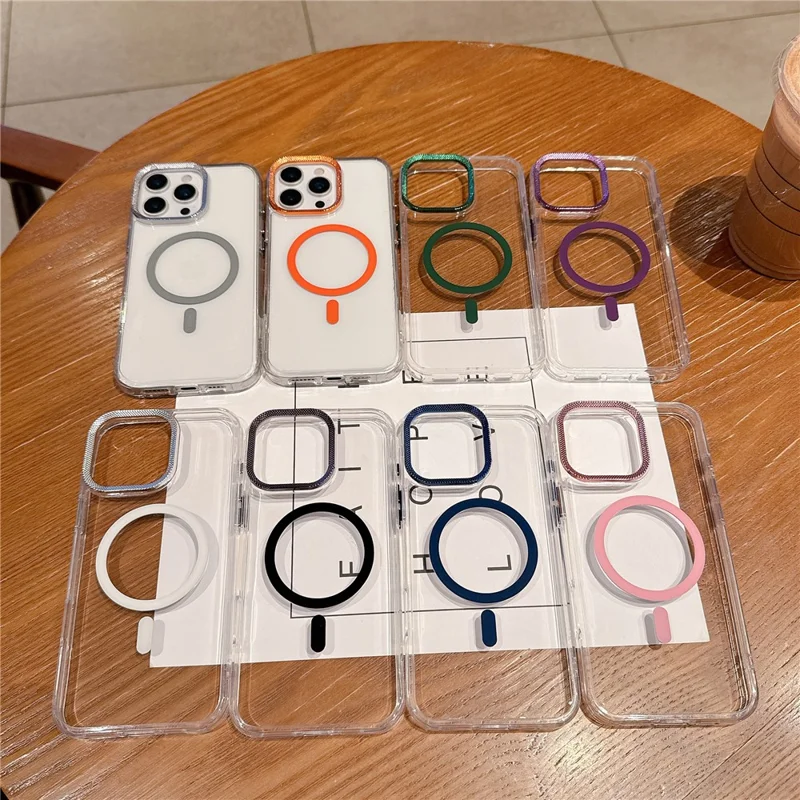 For iPhone 16 Pro Max Case Compatible with MagSafe PC + TPU Clear Phone Cover with Diamond Texture Lens Frame - White