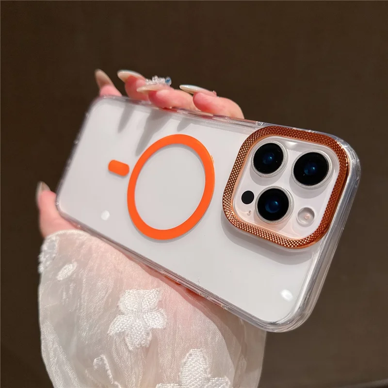 For iPhone 16 Pro Case Compatible with MagSafe PC + TPU Clear Phone Cover with Diamond Texture Lens Frame - Orange