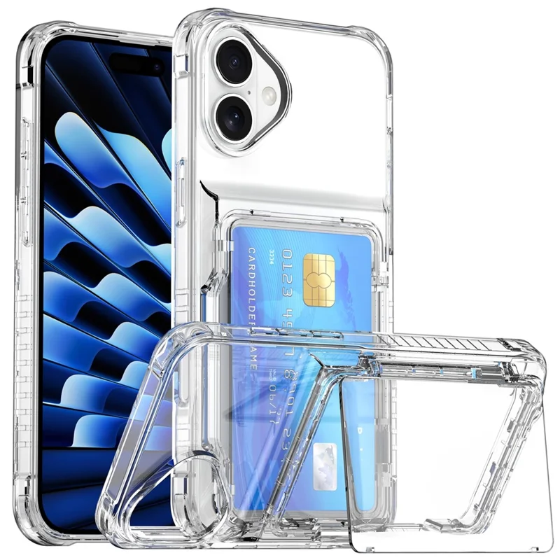 For iPhone 17 Clear Case PC + TPU Phone Cover Card Holder Kickstand - Transparent