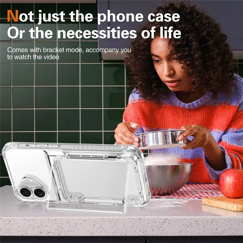 For iPhone 17 Clear Case PC + TPU Phone Cover Card Holder Kickstand - Transparent