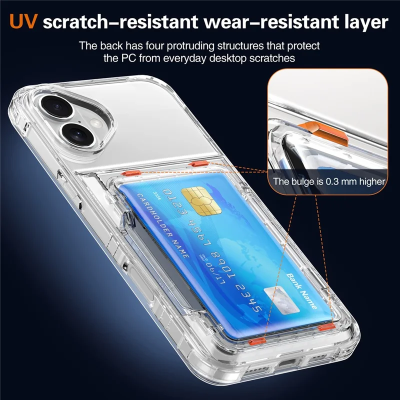 For iPhone 17 Clear Case PC + TPU Phone Cover Card Holder Kickstand - Transparent