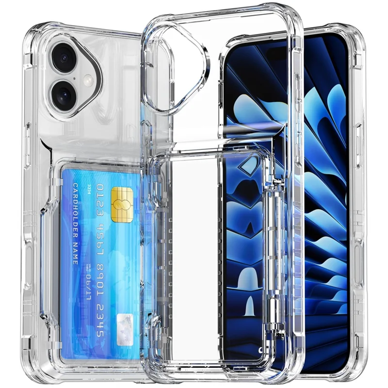 For iPhone 17 Clear Case PC + TPU Phone Cover Card Holder Kickstand - Transparent