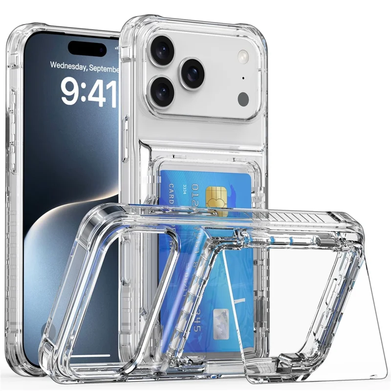 For iPhone 17 Pro Clear Case PC + TPU Phone Cover Card Holder Kickstand - Transparent