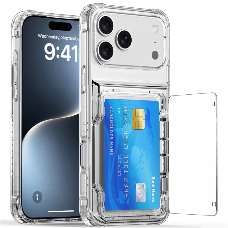 For iPhone 17 Pro Clear Case PC + TPU Phone Cover Card Holder Kickstand - Transparent