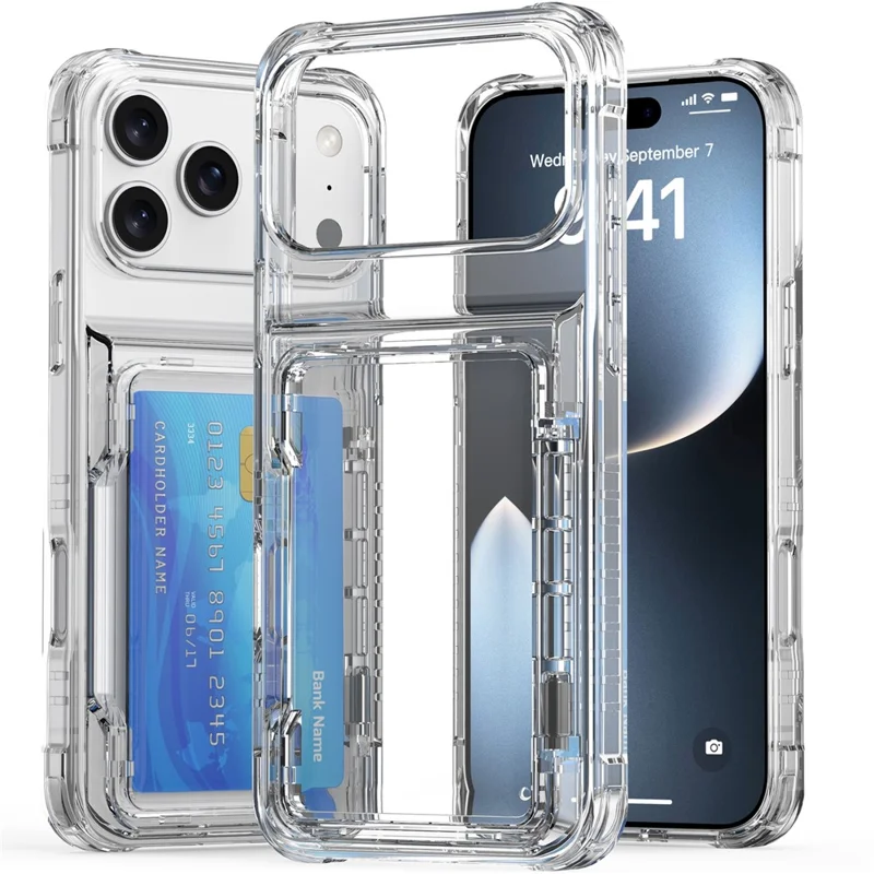 For iPhone 17 Pro Clear Case PC + TPU Phone Cover Card Holder Kickstand - Transparent