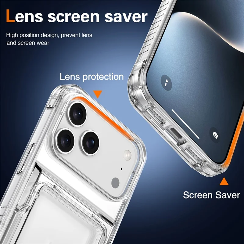 For iPhone 17 Pro Clear Case PC + TPU Phone Cover Card Holder Kickstand - Transparent